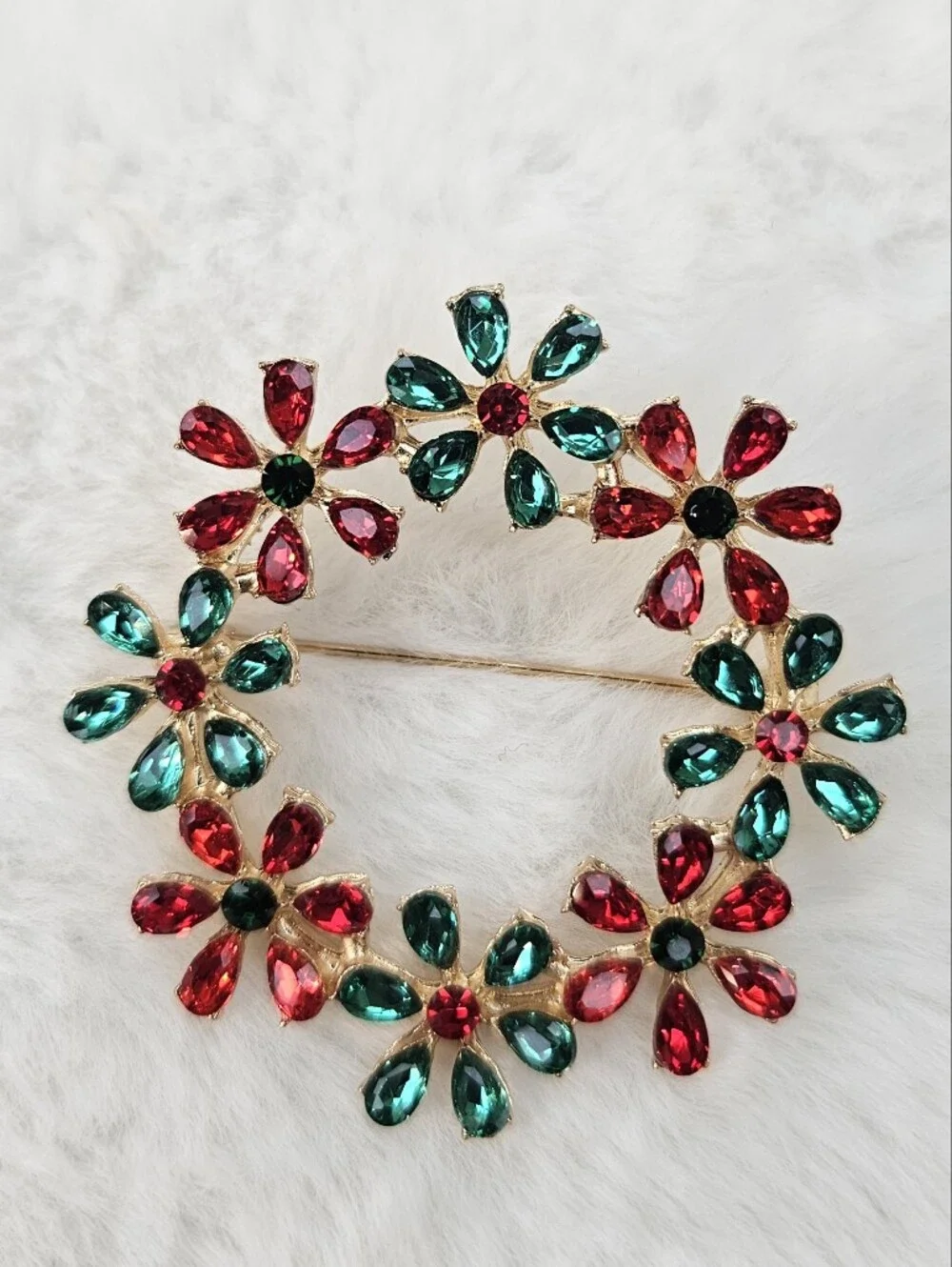 Gold-Tone Red & Teal Floral Crystal Wreath Brooch